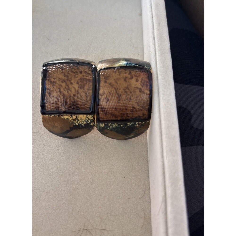 Vintage Mid Century Modernist Signed LD Copper Clip On Hoop Earrings Brutalist